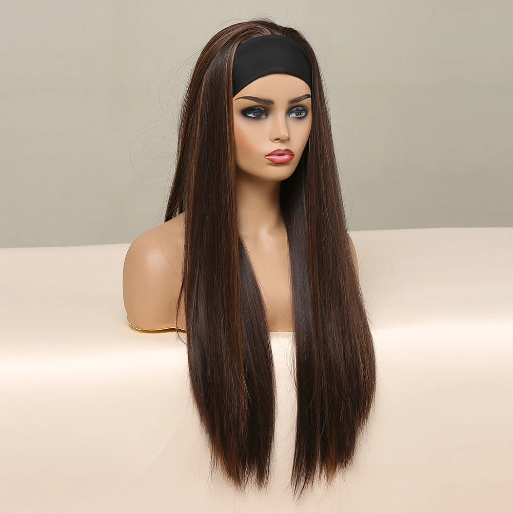 HENRY MARGU Women's Headband Wig Synthetic Hair Long Straight Brown Gloden Highlight Glueless Wigs for Black Women Machine Made