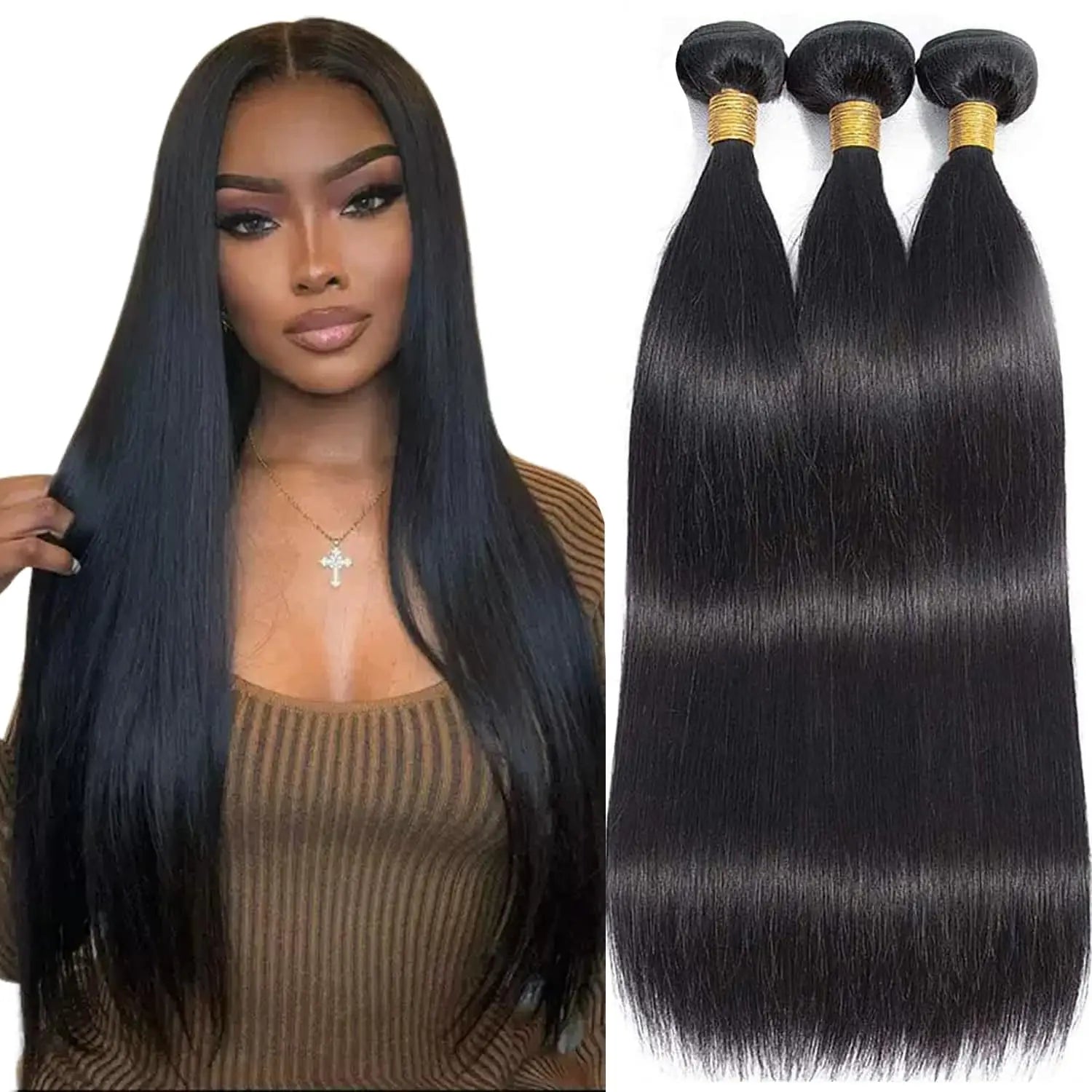 26 28 30inch Bundles Brazilian Straight Hair Bundle 100% Unprocessed Real Human Hair with Natural Black Smooth Extensions #1B