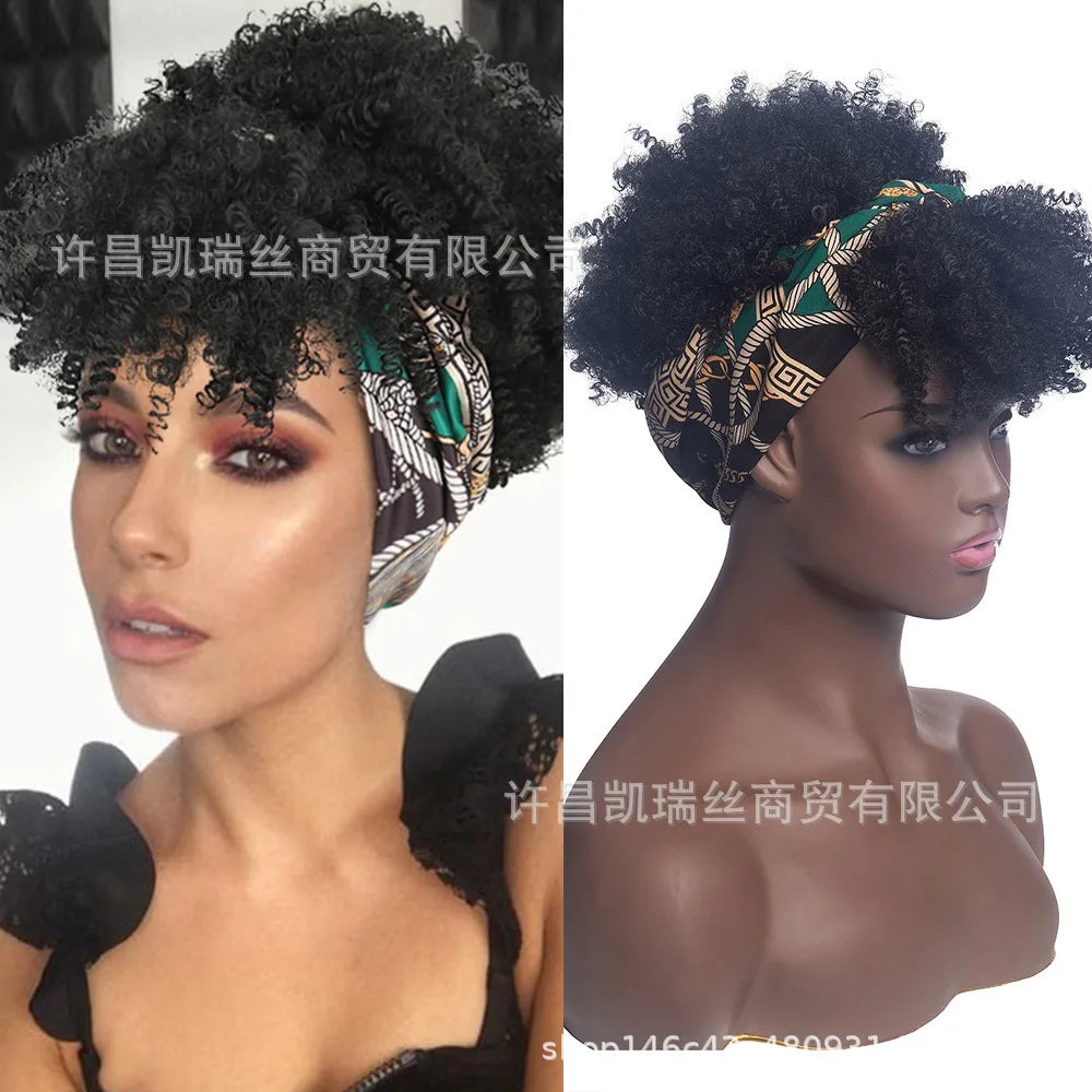 Cosplay Wig Synthetic Hair Afro Kinky Curly Wig With Bangs Headband Wig Short Wigs for Black Women Headgear