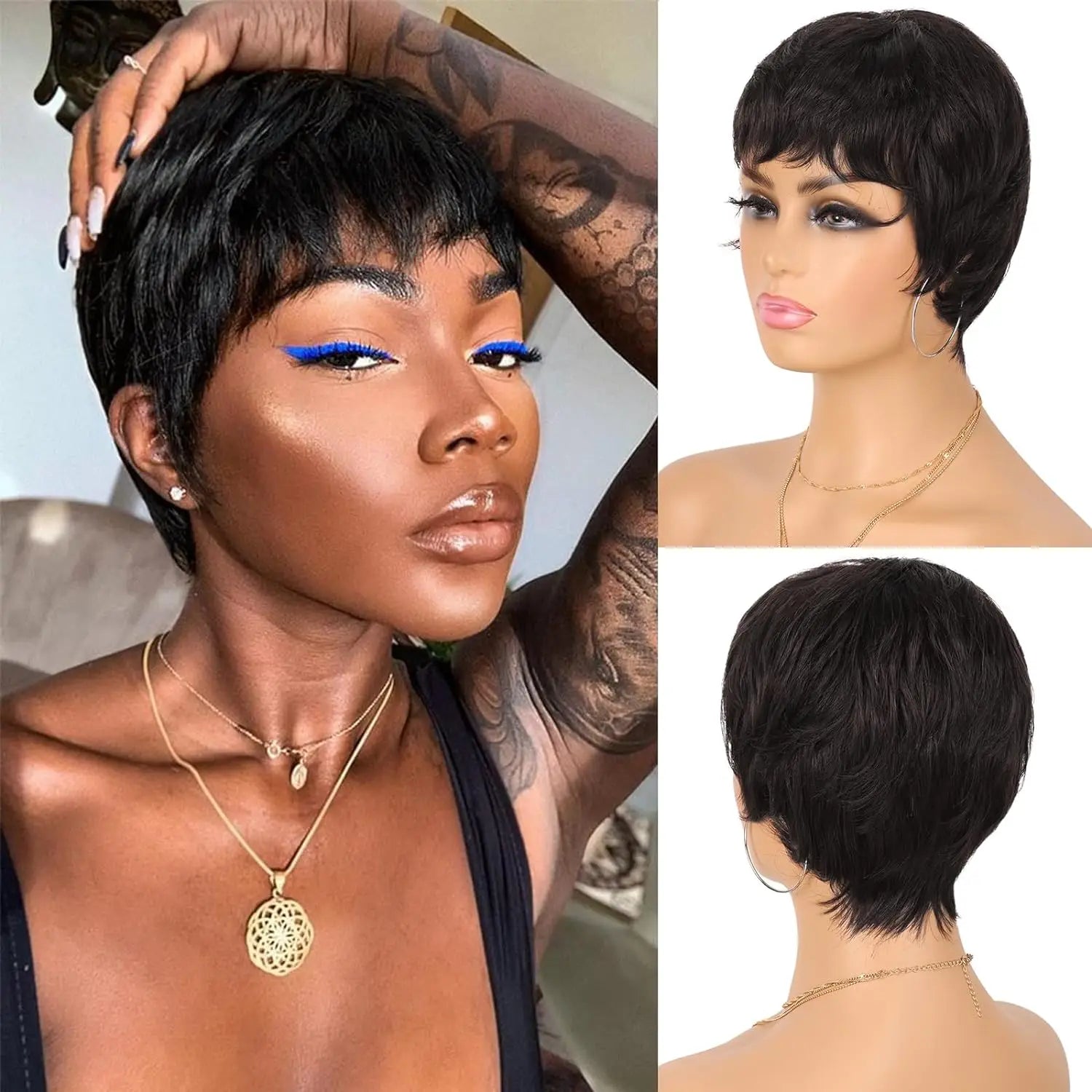 Wear and Go Wig Pixie Cut Human Hair Wigs for Black Women None Lace Front Wig Short Layered Wigs with Bangs for Daily Wear