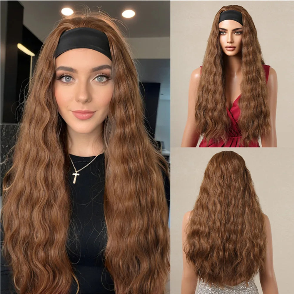 Brown Headband Synthetic Wig Long Curly Wavy Wig Natural Looking Daily Hair for Women Party Cosplay Use High Temperature Fiber