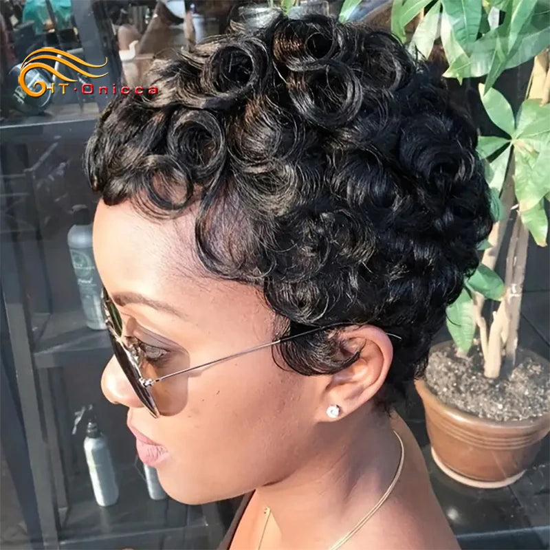 Pixie Cut Wigs 100% Human Hair Wigs Short Curly Pixie Cut Wigs For Black Women Full Machine Made Wig Pixie Curly Black 1B Color