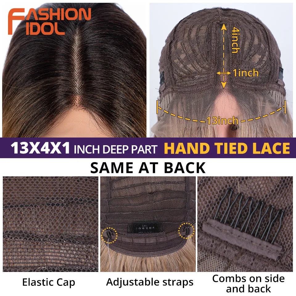 FASHION IDOL 26 Inch Long Straight Lace Front Wig With Bangs Synthetic Hair Ombre Black Blonde Highlight Cosplay Wigs For Women