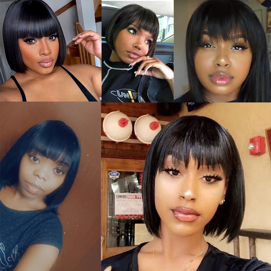 Straight Human Hair Wigs With Bangs Remy Brazilian Cute Bob Cut Human Hair Wig 100% Natural Bob Bangs Wig