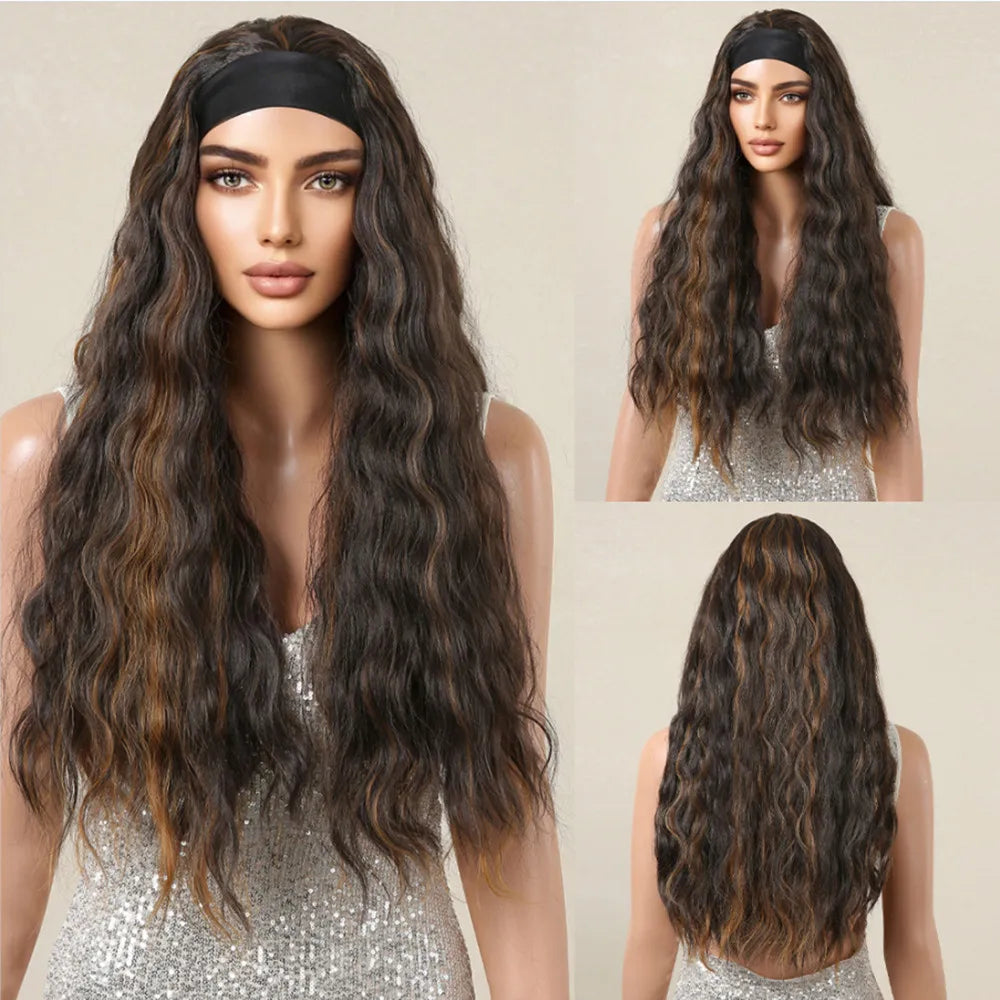 Brown Headband Synthetic Wig Long Curly Wavy Wig Natural Looking Daily Hair for Women Party Cosplay Use High Temperature Fiber