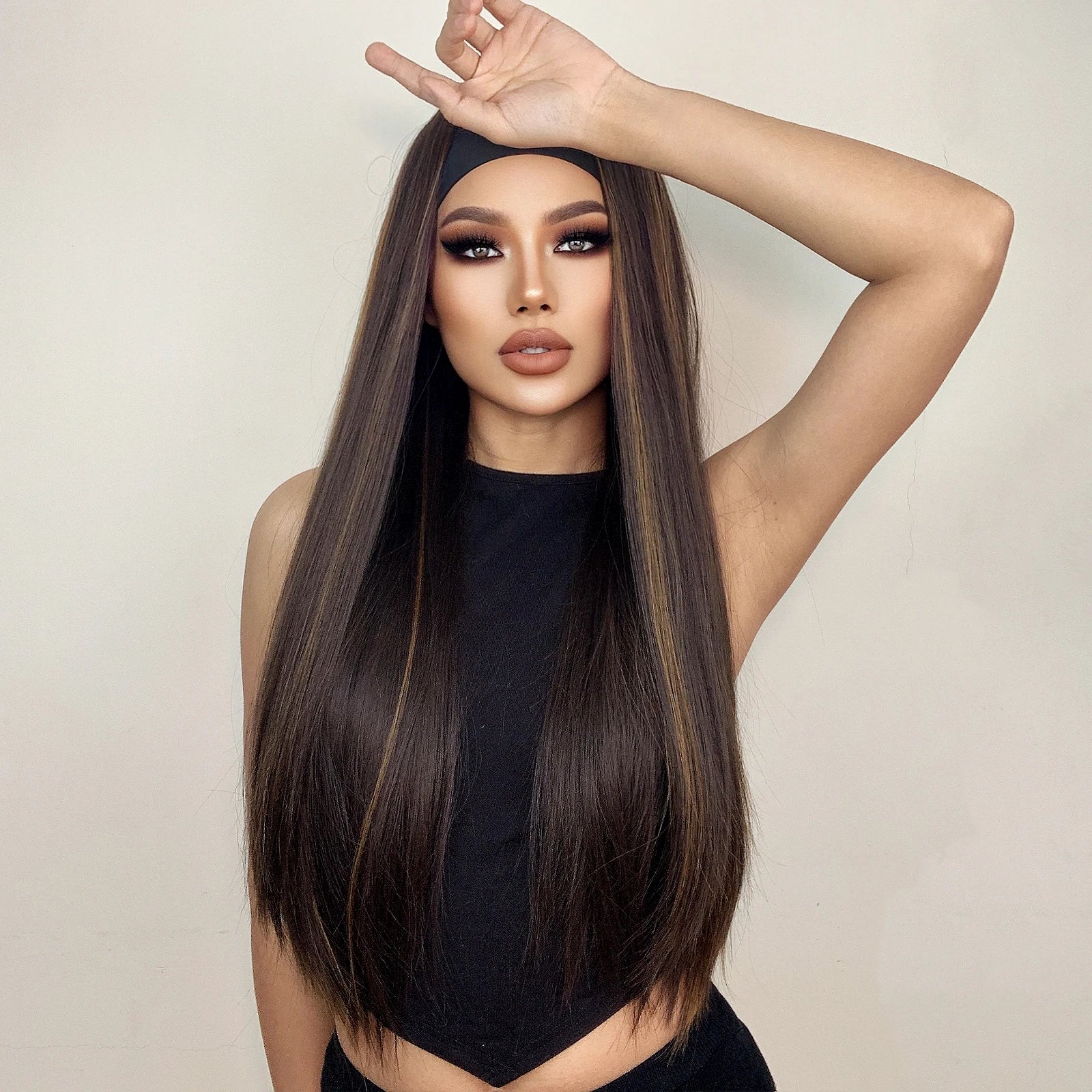 HENRY MARGU Women's Headband Wig Synthetic Hair Long Straight Brown Gloden Highlight Glueless Wigs for Black Women Machine Made