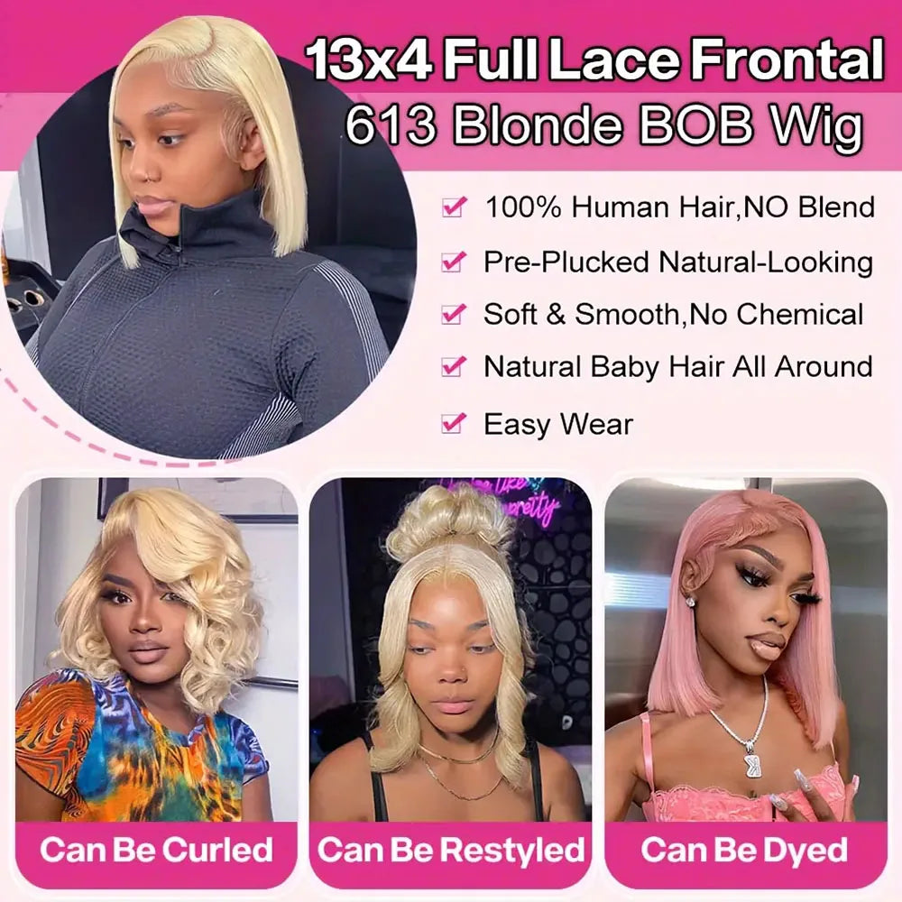613 Blonde Short Bob Wig 13x4 HD Transparent Lace Frontal Wig Straight Hair Wig 100% Human Hair Wig 180 Density For Women