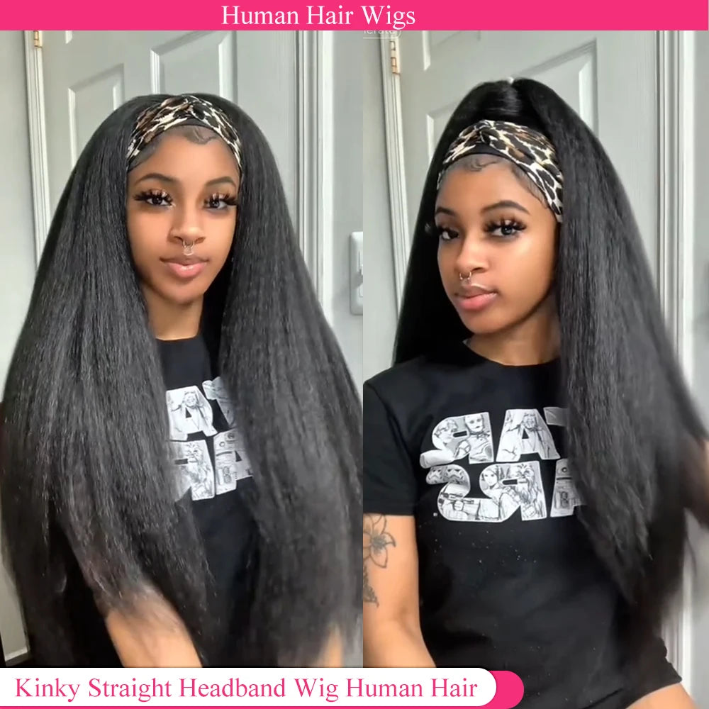 Kinky Straight Headband Wigs Human Hair Pull & Go 250 Density Half Wigs Human Hair Yaki Headband Glueless Wigs Human Hair Wig