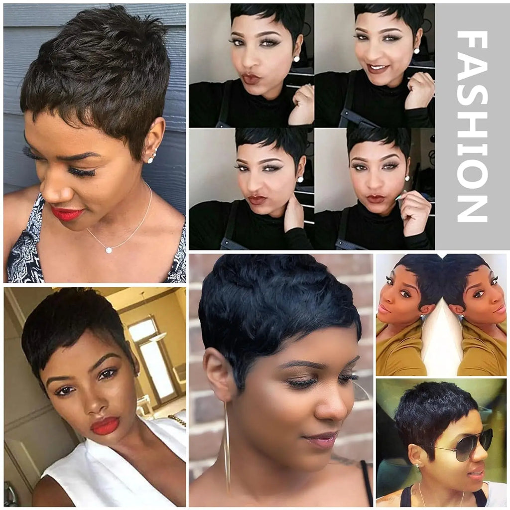 Wear and Go Wig Pixie Cut Human Hair Wigs for Black Women None Lace Front Wig Short Layered Wigs with Bangs for Daily Wear