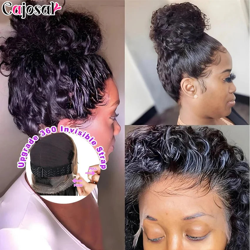 360 Full Invisi Strap Drawstring Sung HD Lace 30 Inch Human Hair Wigs 250% Density Water Kinky Curly Pre Plucked Glueless Black