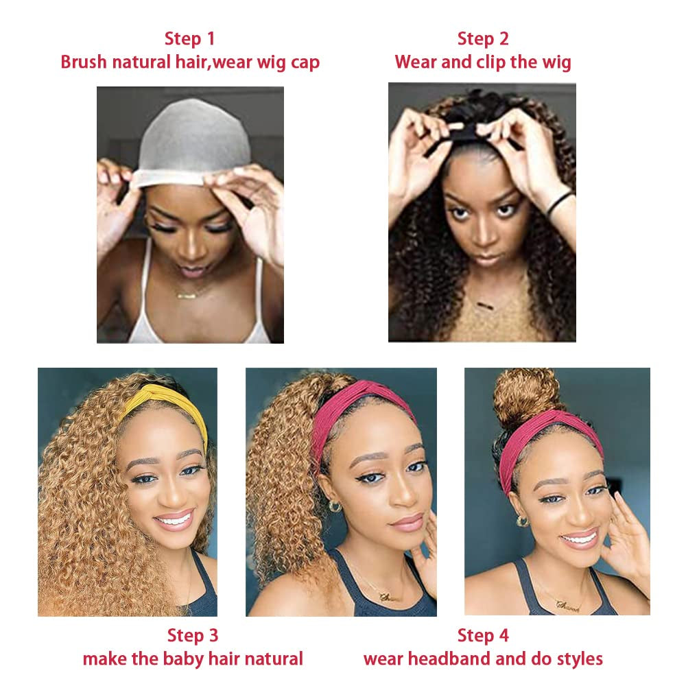 1B30 Deep Wave Headband Wig Ombre Brown Human Hair Headband Wig 130% Density Grade 8A Brazilian Remy Hair Machine Made Wigs Dark Brown Color 16 Inch