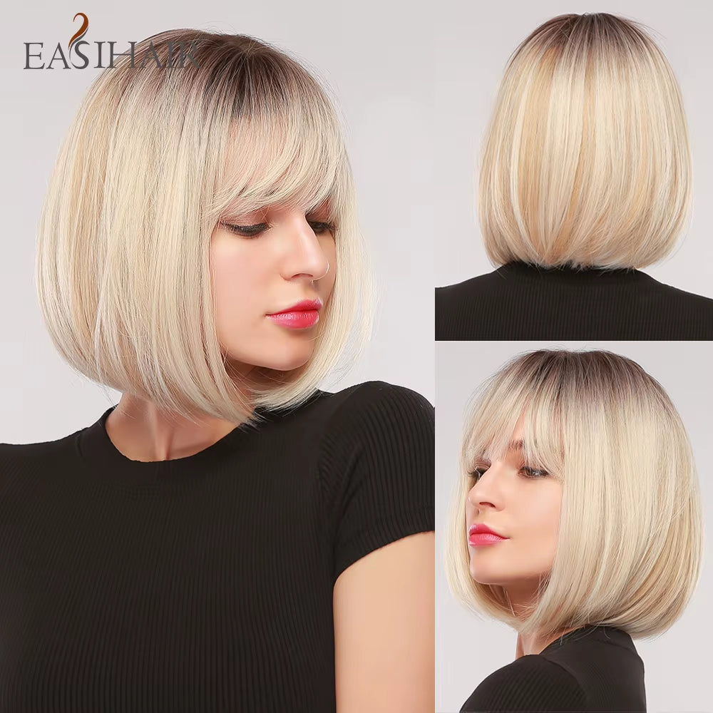Brown to Blonde Ombre Synthetic Hair Wigs Short Bob Natural Wigs with Bangs for Women Heat Resistant Cosplay Wigs