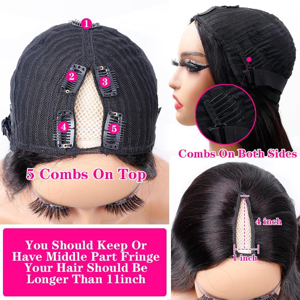 V Part Wigs Human Hair No Leave Out Lace Front Wigs Upgrade U Part Wigs V Shape Wigs Brazilian Virgin Straight Human Hair Wigs for Women 180% Density Natural Black 18Inch