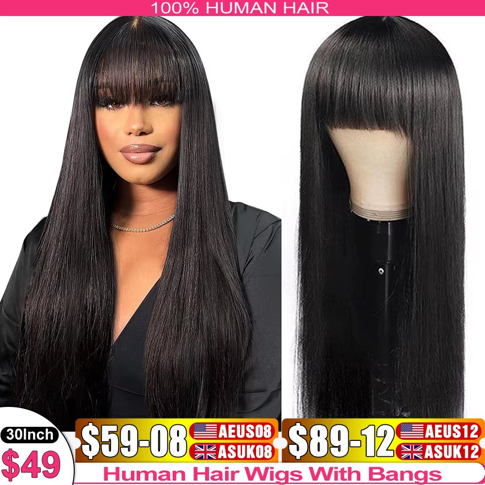 Straight Human Hair Wigs with Bangs Full Machine Made Wig Cheap Brazilian Hair Wigs Short Bob Wigs 250 Density Wigs