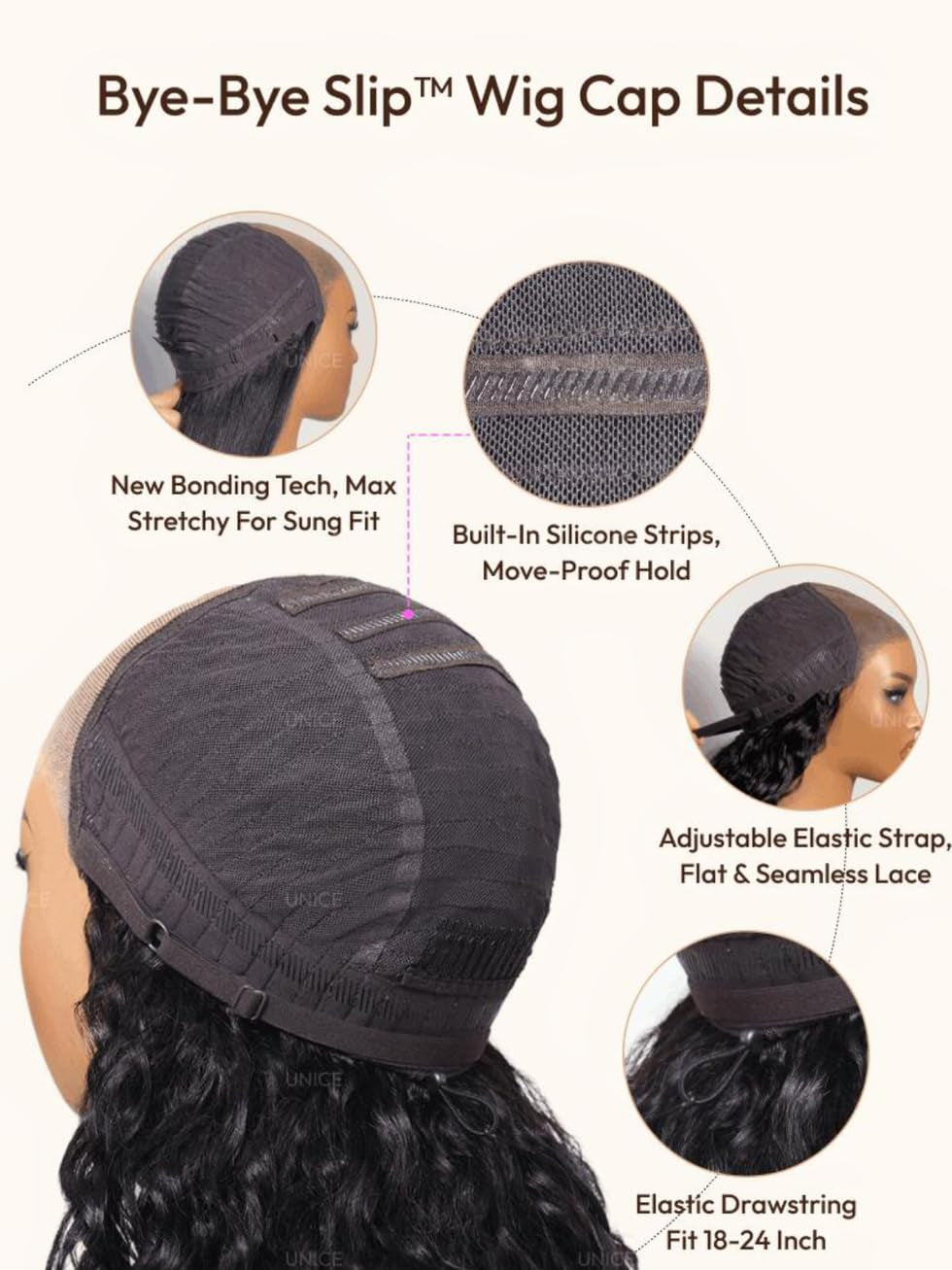 Bye Bye Slip Wig Black Yaki Straight 7X5 Lace Front Drawstring Wigs Human Hair Flexible Mesh Cap with Secure Silicone Strips Bye Bye Knots Glueless Wig Pre Plucked Pre Cut 16 Inch