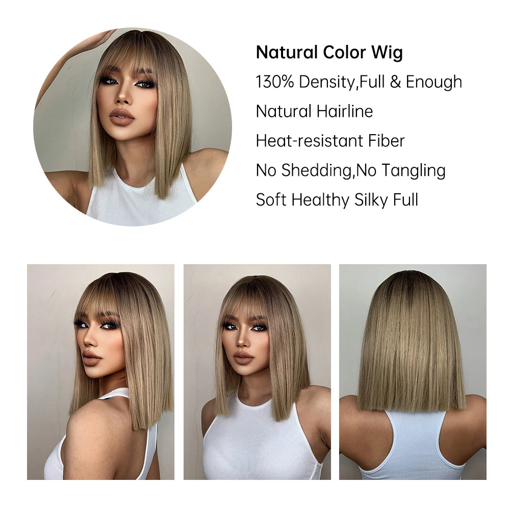 Brown to Blonde Ombre Synthetic Hair Wigs Short Bob Natural Wigs with Bangs for Women Heat Resistant Cosplay Wigs