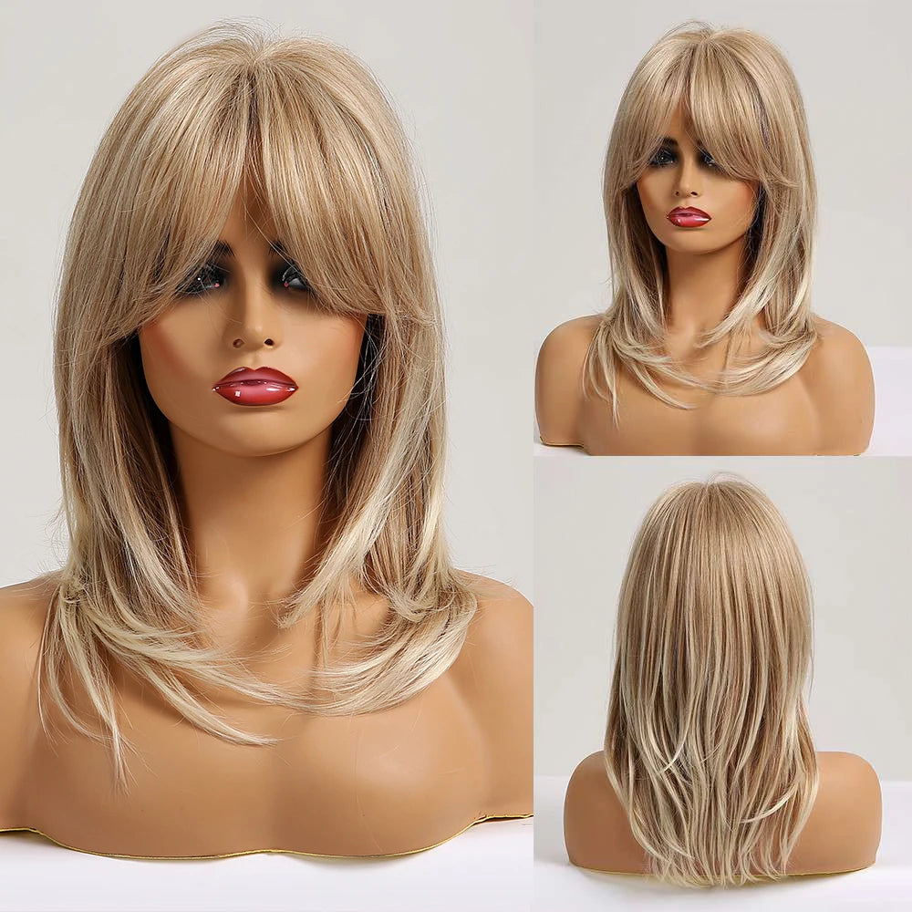 Brown to Blonde Ombre Synthetic Hair Wigs Short Bob Natural Wigs with Bangs for Women Heat Resistant Cosplay Wigs
