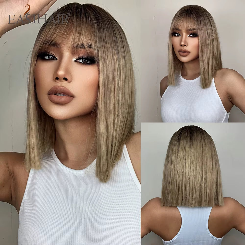 Brown to Blonde Ombre Synthetic Hair Wigs Short Bob Natural Wigs with Bangs for Women Heat Resistant Cosplay Wigs