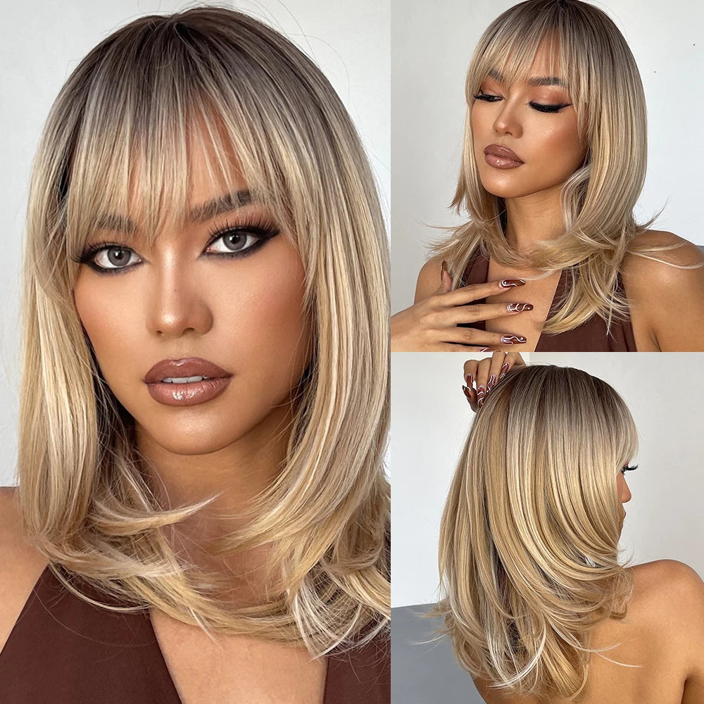 Brown to Blonde Ombre Synthetic Hair Wigs Short Bob Natural Wigs with Bangs for Women Heat Resistant Cosplay Wigs