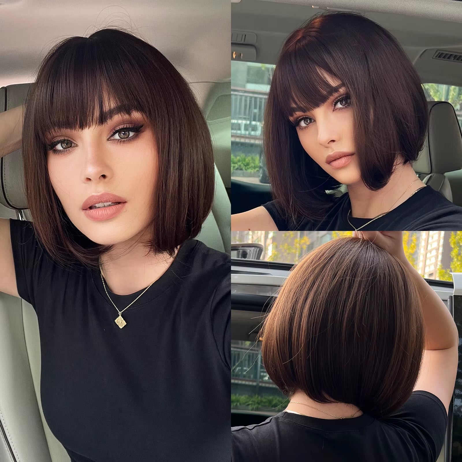 Bob Short Straight Synthetic Wigs with Bangs Black Hair Wigs for Women Daily Cosplay Party Wigs Heat Resistant