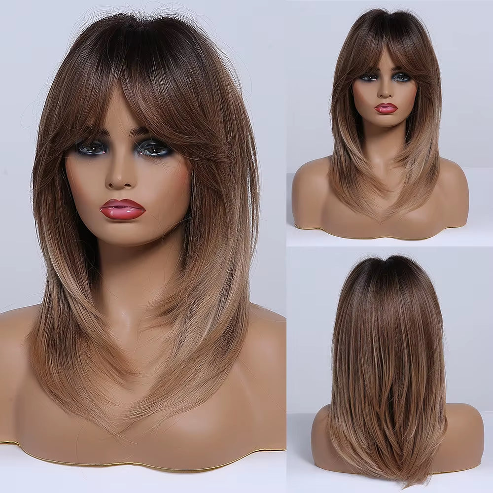 Brown to Blonde Ombre Synthetic Hair Wigs Short Bob Natural Wigs with Bangs for Women Heat Resistant Cosplay Wigs