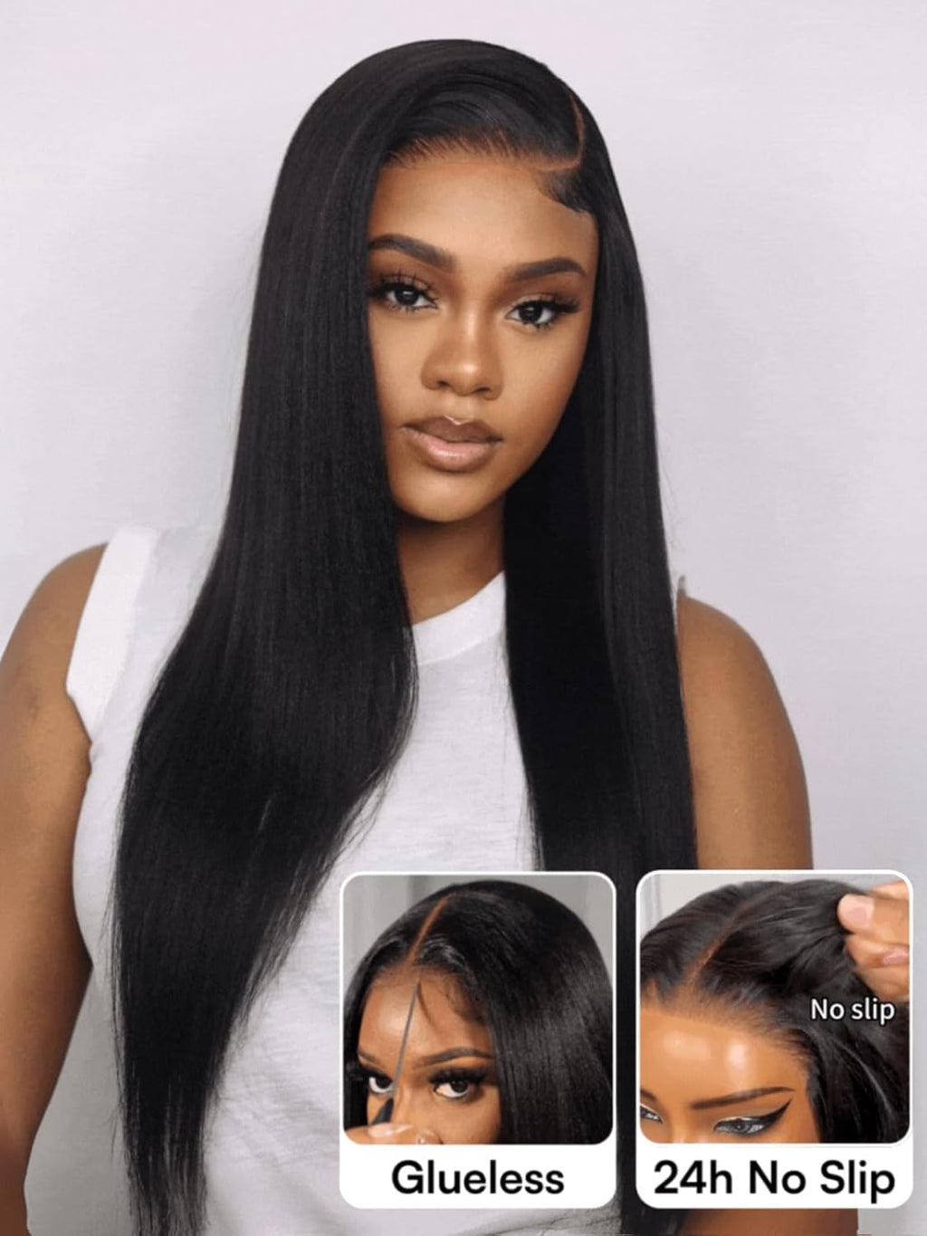 Bye Bye Slip Wig Black Yaki Straight 7X5 Lace Front Drawstring Wigs Human Hair Flexible Mesh Cap with Secure Silicone Strips Bye Bye Knots Glueless Wig Pre Plucked Pre Cut 16 Inch