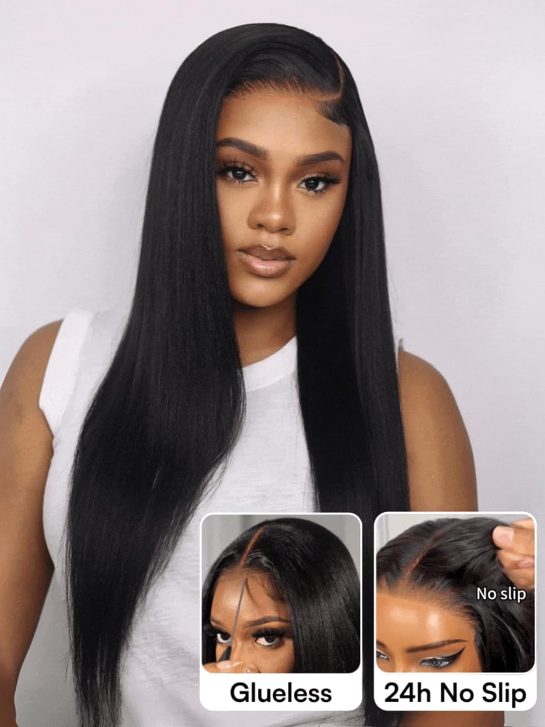 Bye Bye Slip Wig Black Yaki Straight 7X5 Lace Front Drawstring Wigs Human Hair Flexible Mesh Cap with Secure Silicone Strips Bye Bye Knots Glueless Wig Pre Plucked Pre Cut 16 Inch