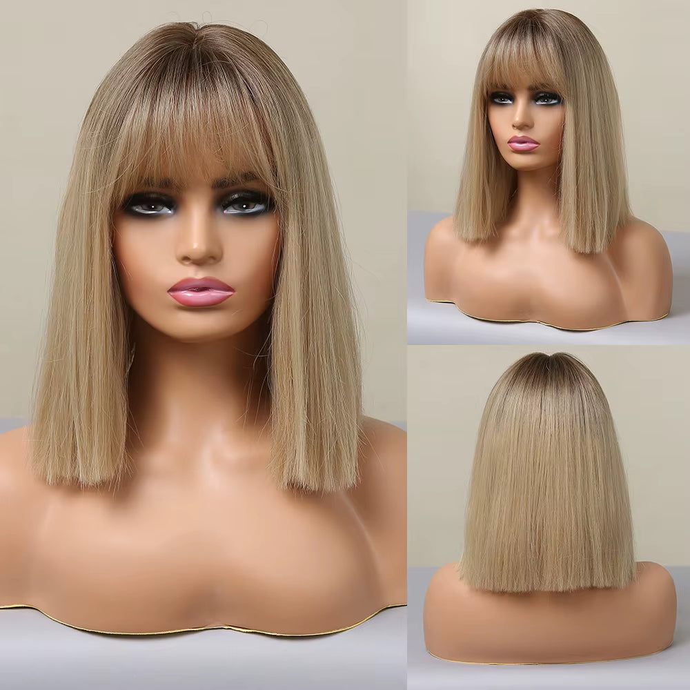 Brown to Blonde Ombre Synthetic Hair Wigs Short Bob Natural Wigs with Bangs for Women Heat Resistant Cosplay Wigs