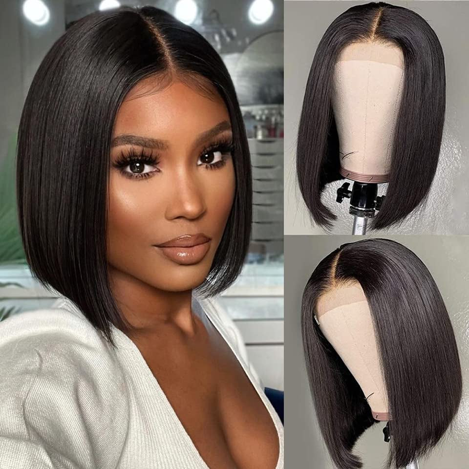 Bob Wig Human Hair Wigs for Black Women Straight Short Bob 5X5X1 Glueless HD Lace Front Wigs Human Hair Pre Plucked Bleached Knots with Baby Hair Natural Hairline (12Inches, Straight Bob Wig)