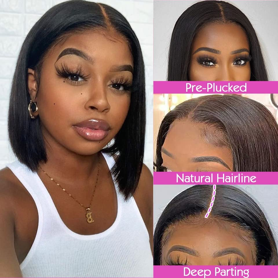 Bob Wig Human Hair Wigs for Black Women Straight Short Bob 5X5X1 Glueless HD Lace Front Wigs Human Hair Pre Plucked Bleached Knots with Baby Hair Natural Hairline (12Inches, Straight Bob Wig)