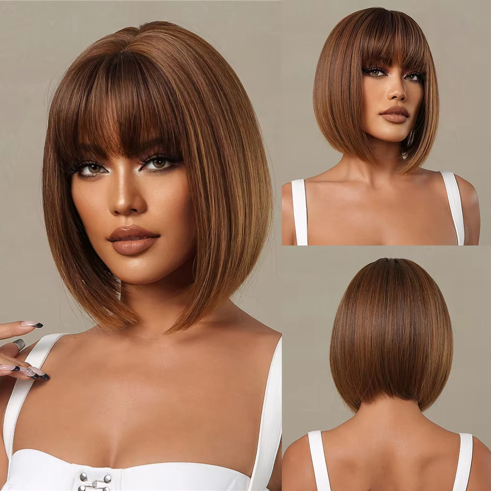Brown to Blonde Ombre Synthetic Hair Wigs Short Bob Natural Wigs with Bangs for Women Heat Resistant Cosplay Wigs
