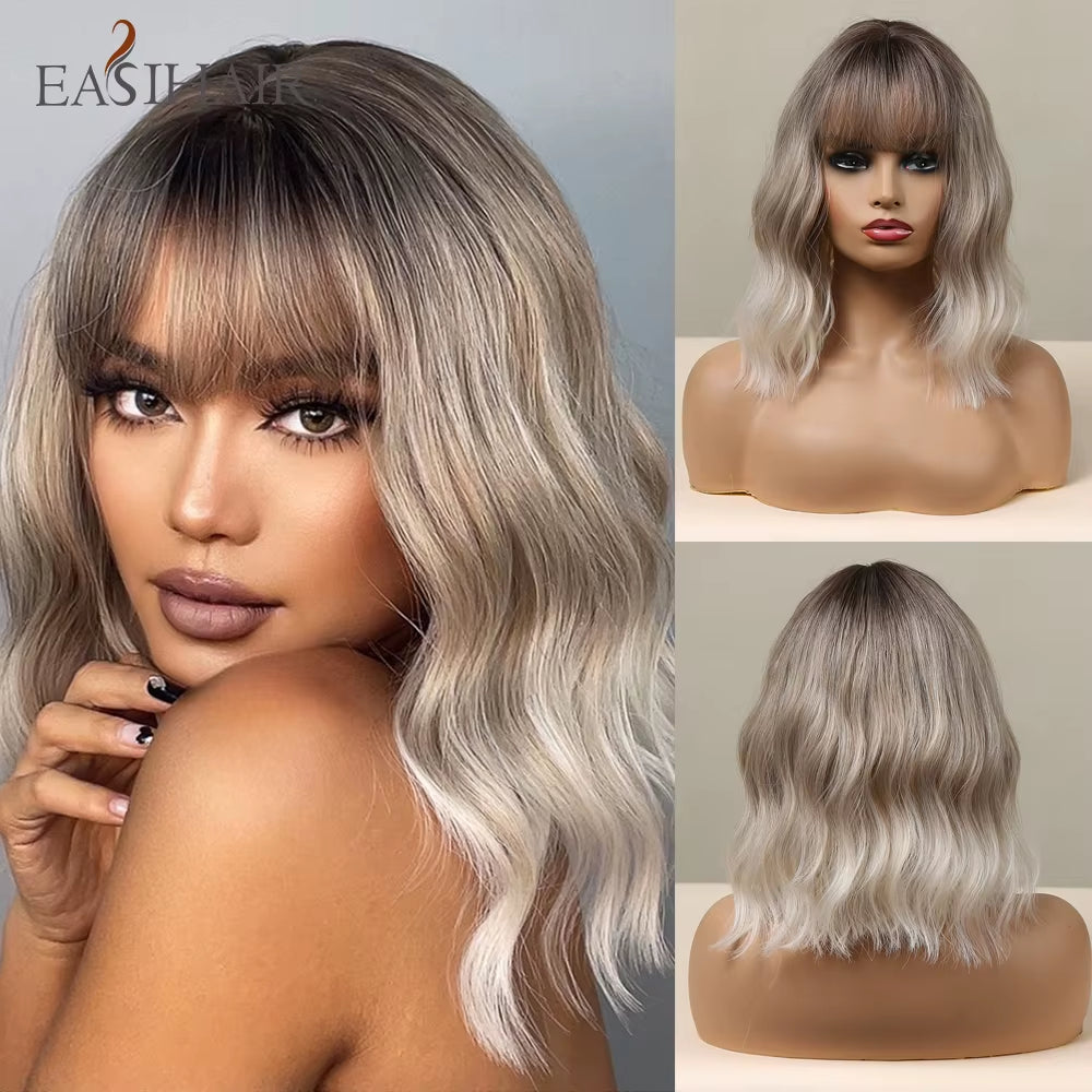 Brown to Blonde Ombre Synthetic Hair Wigs Short Bob Natural Wigs with Bangs for Women Heat Resistant Cosplay Wigs