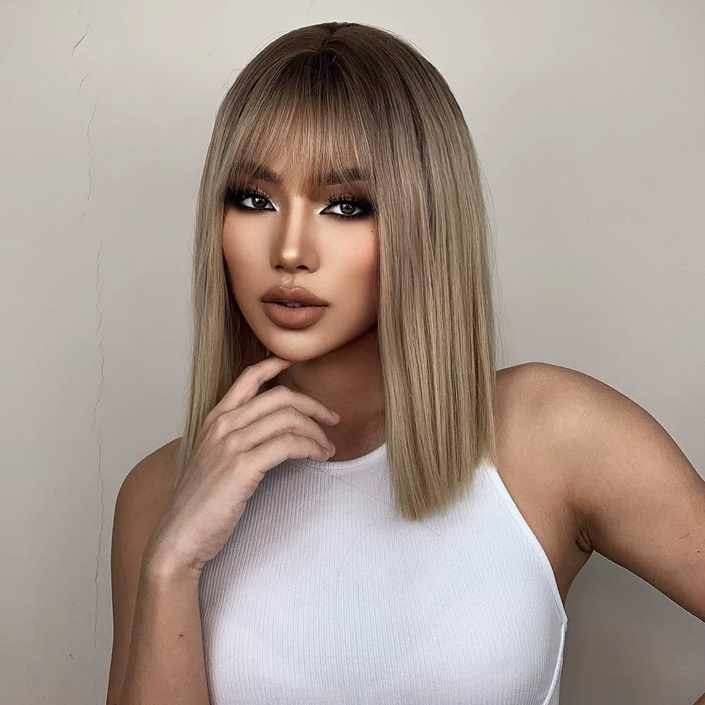 Brown to Blonde Ombre Synthetic Hair Wigs Short Bob Natural Wigs with Bangs for Women Heat Resistant Cosplay Wigs