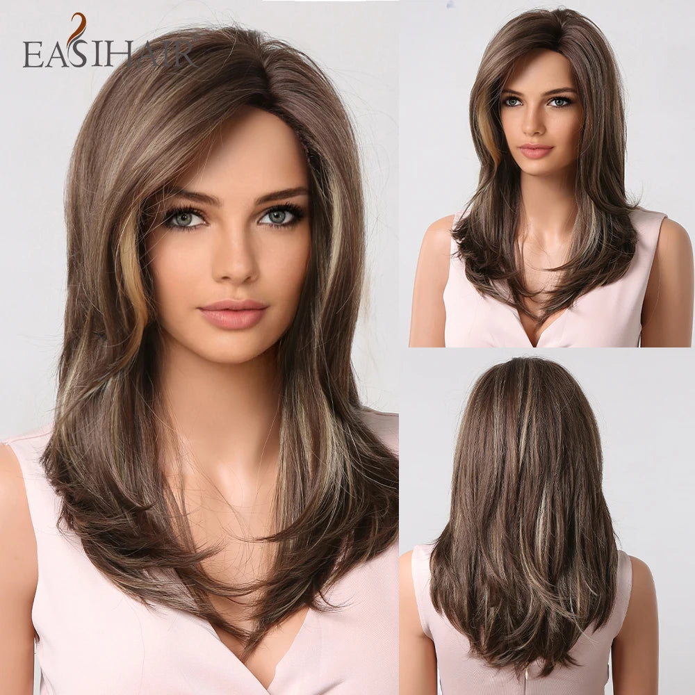 Brown to Blonde Ombre Synthetic Hair Wigs Short Bob Natural Wigs with Bangs for Women Heat Resistant Cosplay Wigs