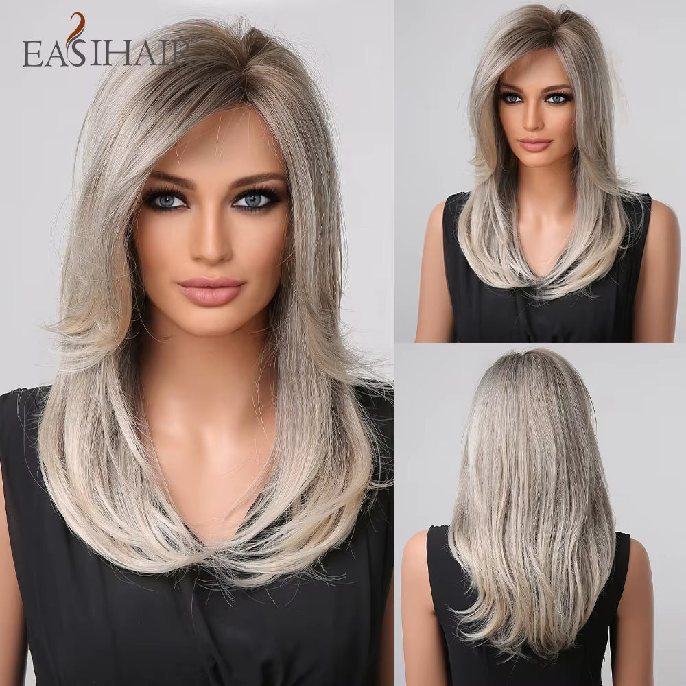 Brown to Blonde Ombre Synthetic Hair Wigs Short Bob Natural Wigs with Bangs for Women Heat Resistant Cosplay Wigs